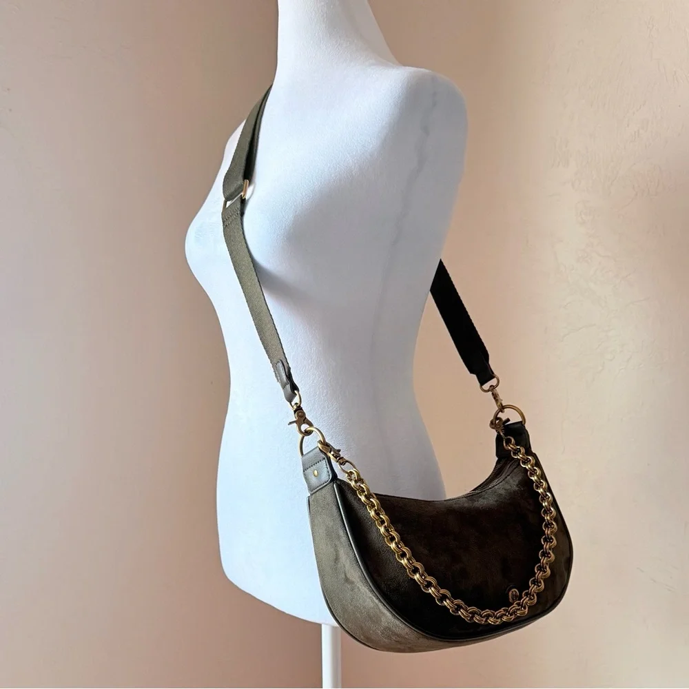 House of Harlow 1960 Valerie Crossbody Green Faux Suede Double Zip Shoulder Bag